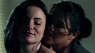 Rich wench with black hair moans and enjoys secretary's tongue