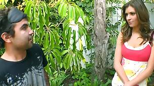 Humble brunette is fooling around with her friend in a backyard