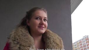 Camera crew suggests this fascinating girl some money for a quick blowjob